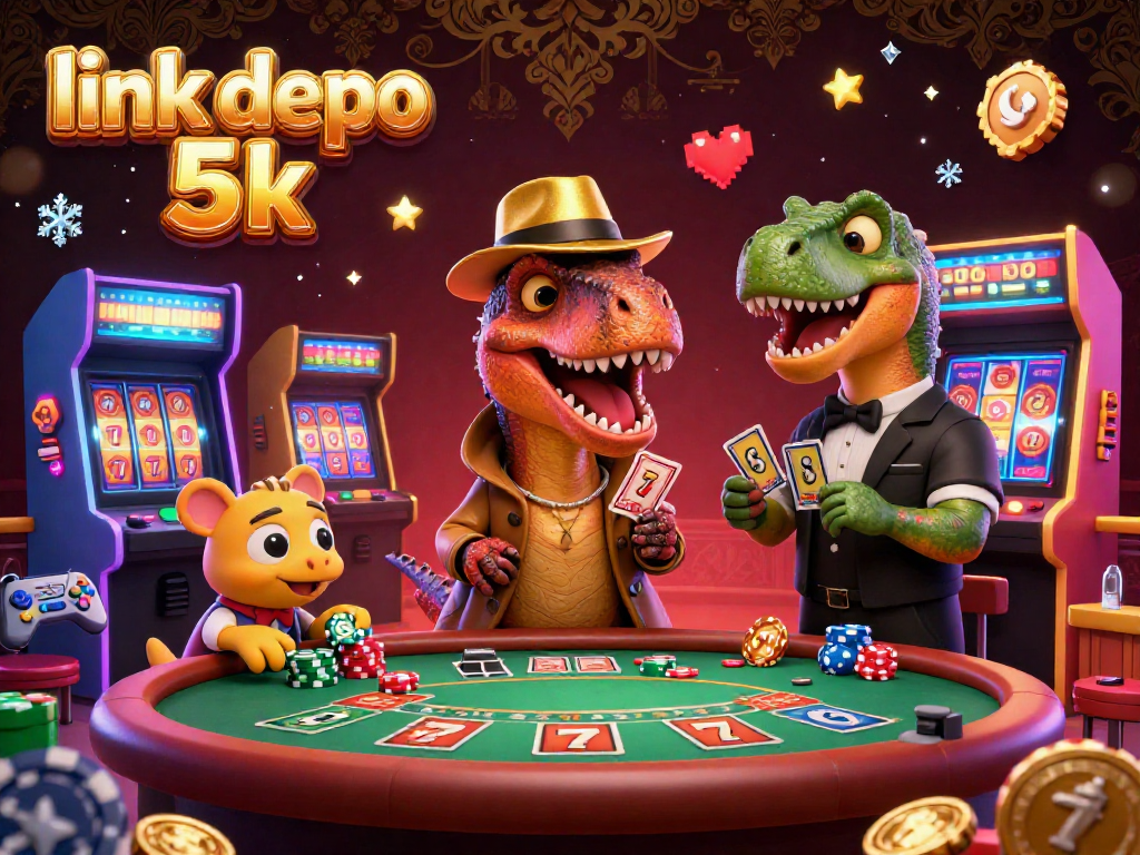 Engaging casino scene featuring link depo 5k with a velociraptor card counter and dynamic gaming elements, showcasing thrilling action.