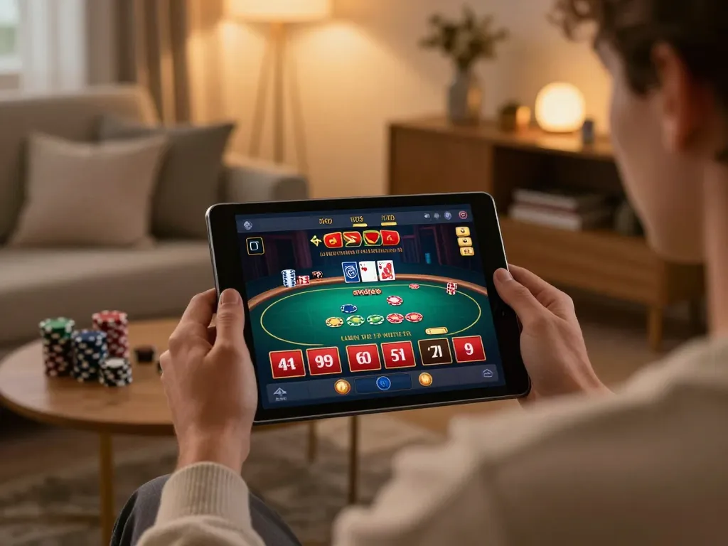 TG88 CAM online gambling setup with player viewing live dealer games on tablet in cozy atmosphere.