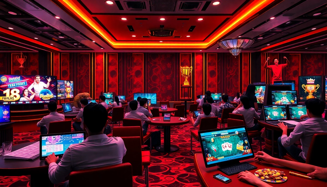 Exciting gaming scene with players enjoying iwin doi thuong in a luxurious online casino setting