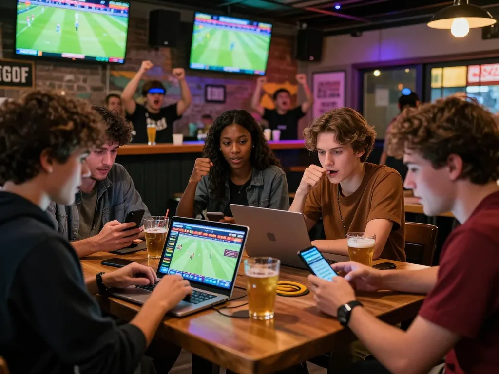 Grup yang terlibat dalam taruhan judi bola online di bar olahraga yang ramai dengan layar menampilkan pertandingan langsung.