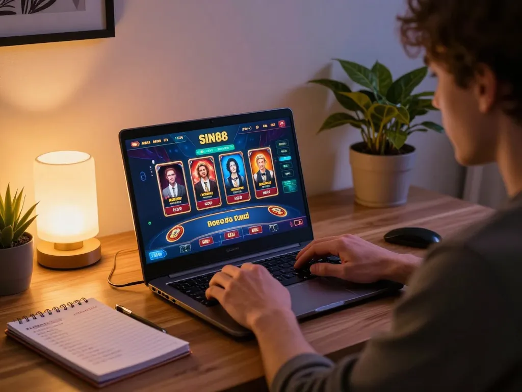 SIN88 online gaming scene with a player engaged on a laptop, showcasing a cozy atmosphere.