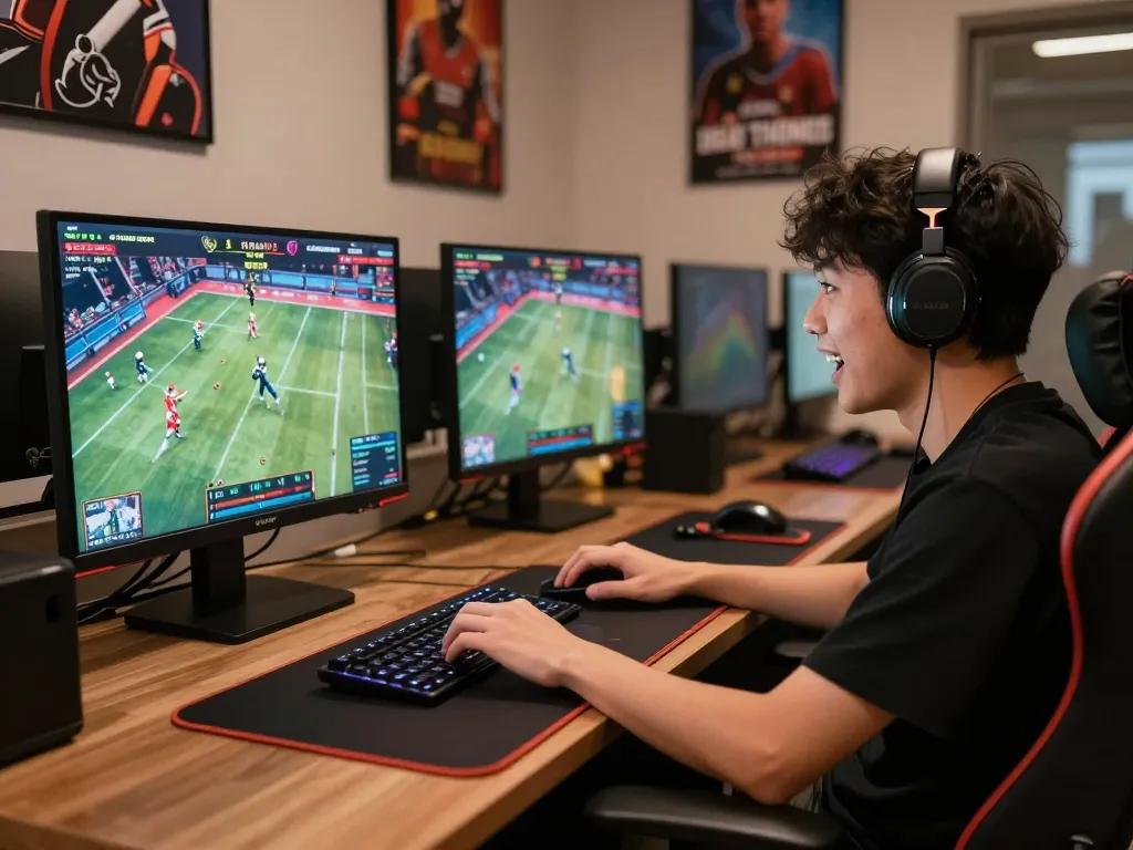 A player intensely watching a đá gà thomo live stream on their laptop, capturing the excitement of online gambling