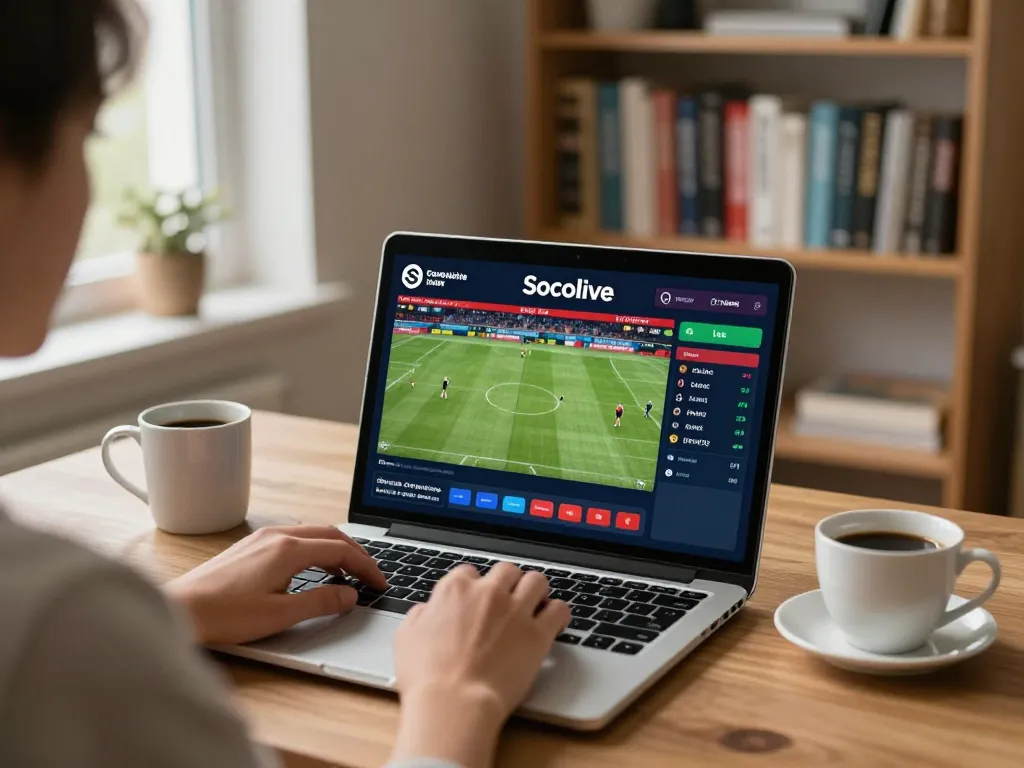 Socolive live sports betting on laptop with vibrant match details and comfort of home setting.