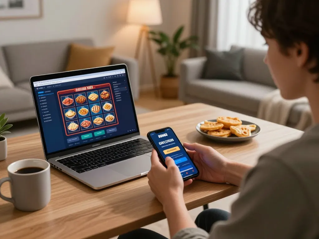 BOM88 player interacting with live casino app on smartphone at home, showcasing engaging gaming experience.