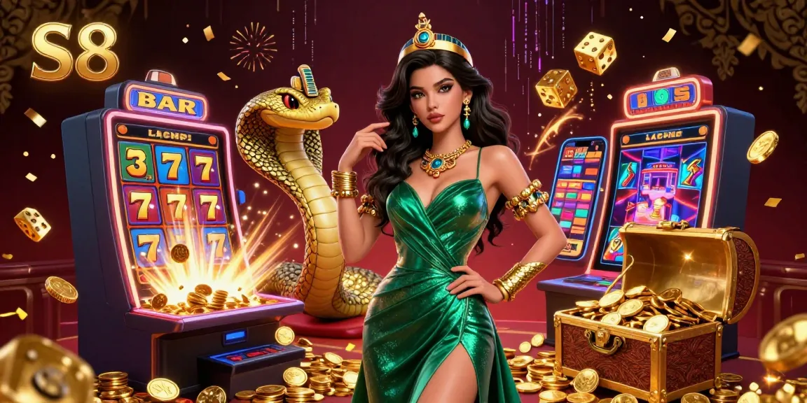 S8 offers a thrilling casino experience with 3D slots and vibrant gaming elements in a luxurious scene.