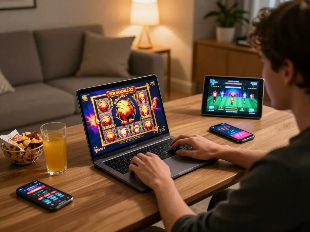 Engaging with DRAGON222 online slots on a cozy home gaming setup