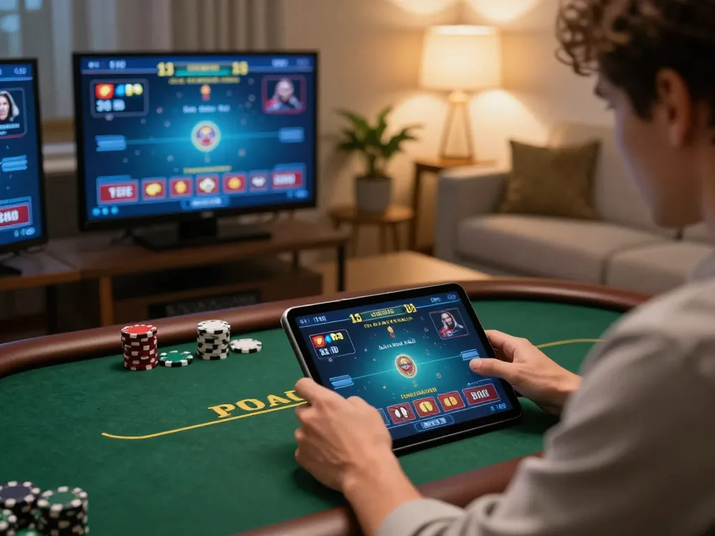 Player engaging with tip88 online poker game on a tablet in a cozy living room.