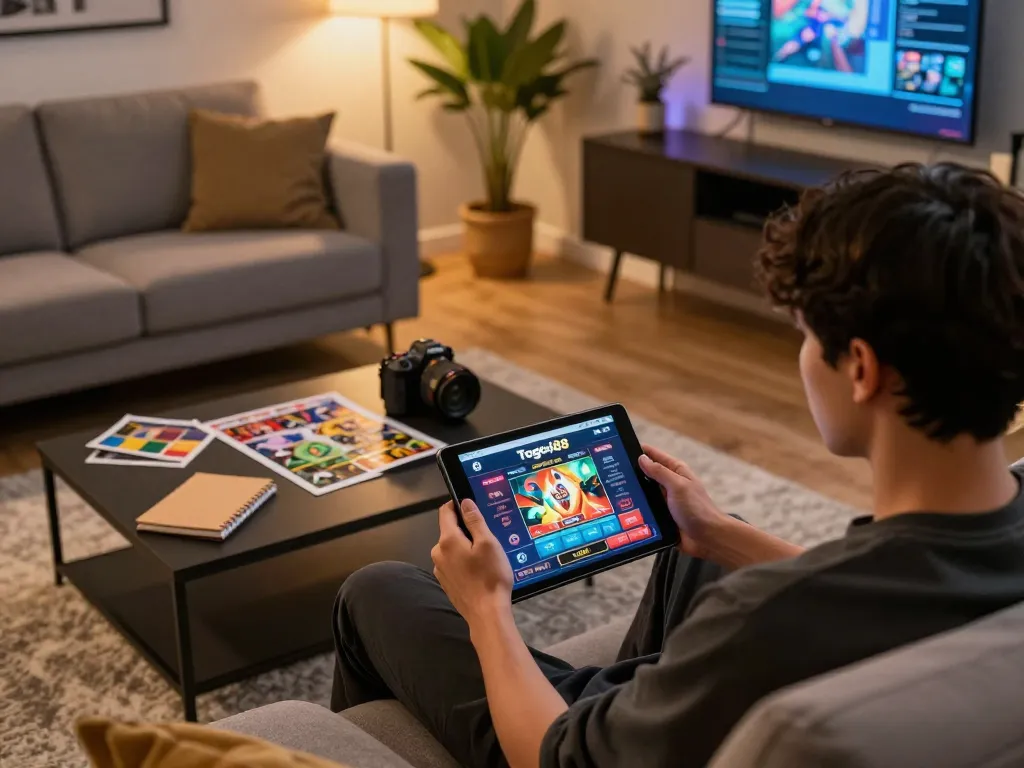 Togel88 Login Link Alternatif accessed via tablet, showcasing engaging online gaming interface in a cozy home setting.