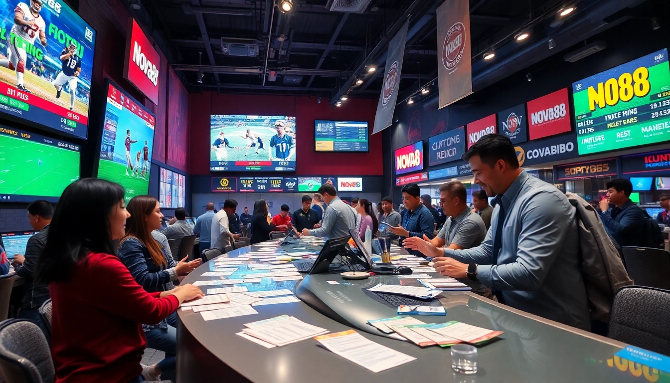 Experience the excitement at Nova88 sportsbook with fans engaged in lively betting.