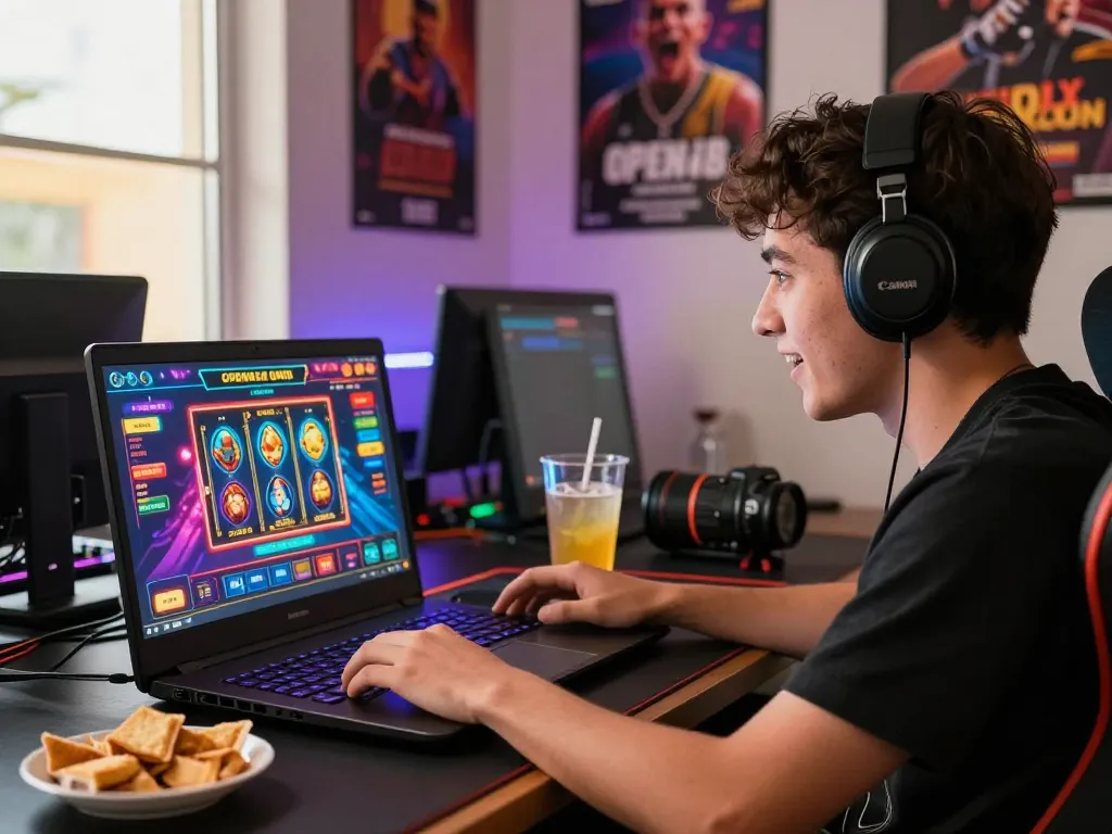 Engaged gamer enjoying various games on OPEN88.COM in a vibrant setup.