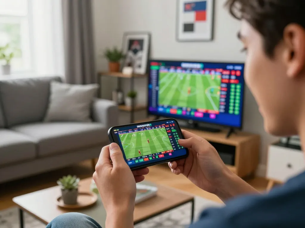 lu88 user passionately placing bets on sports matches using a smartphone in a vibrant living room.