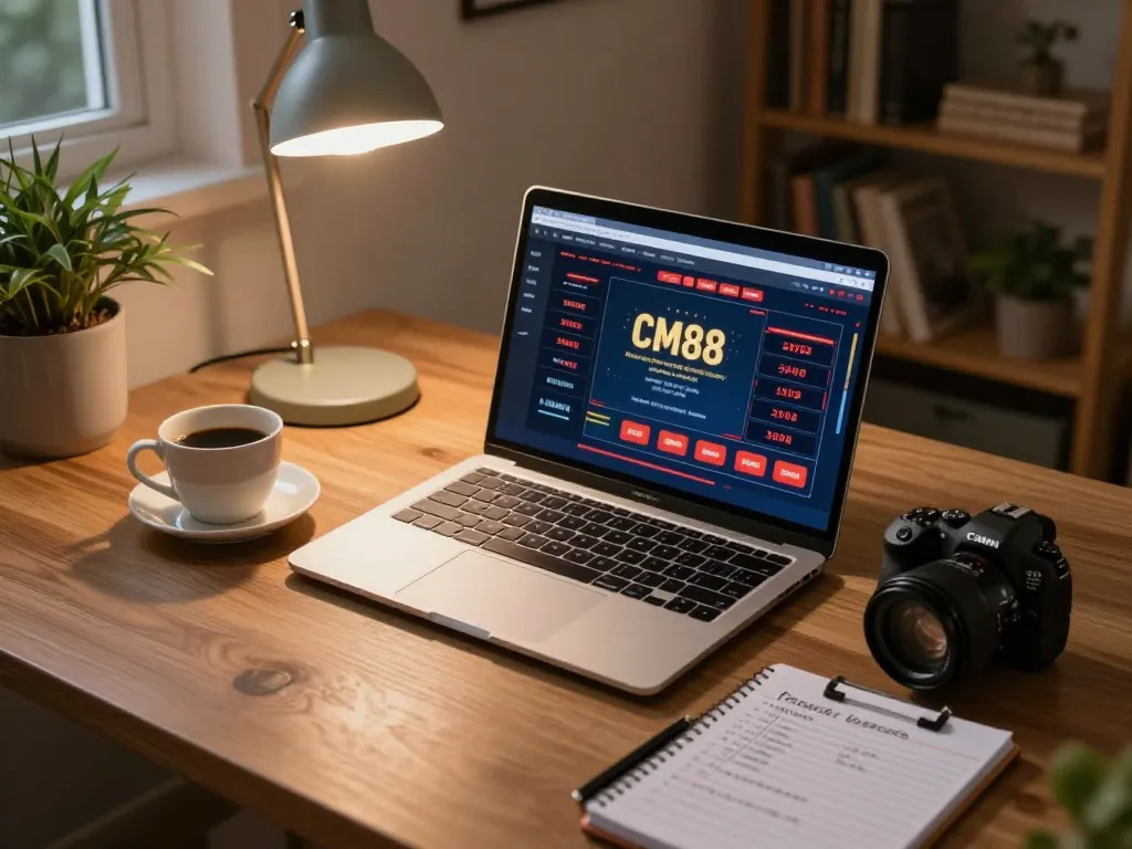 Player analyzing CM88 casino gameplay strategy on laptop in a cozy home setup.