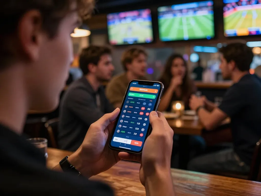 Placing bets using the Jeetbuzz App on a smartphone during a lively sports event.