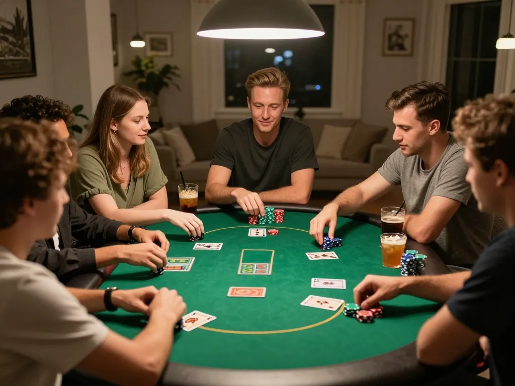 Friends enjoying a poker night with Okwintv in a cozy home setting, showcasing strategic gameplay.