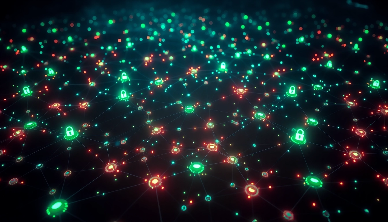 Visually engaging representation of the hidden wiki, showcasing the dark web's interconnected .onion sites along with security symbols.