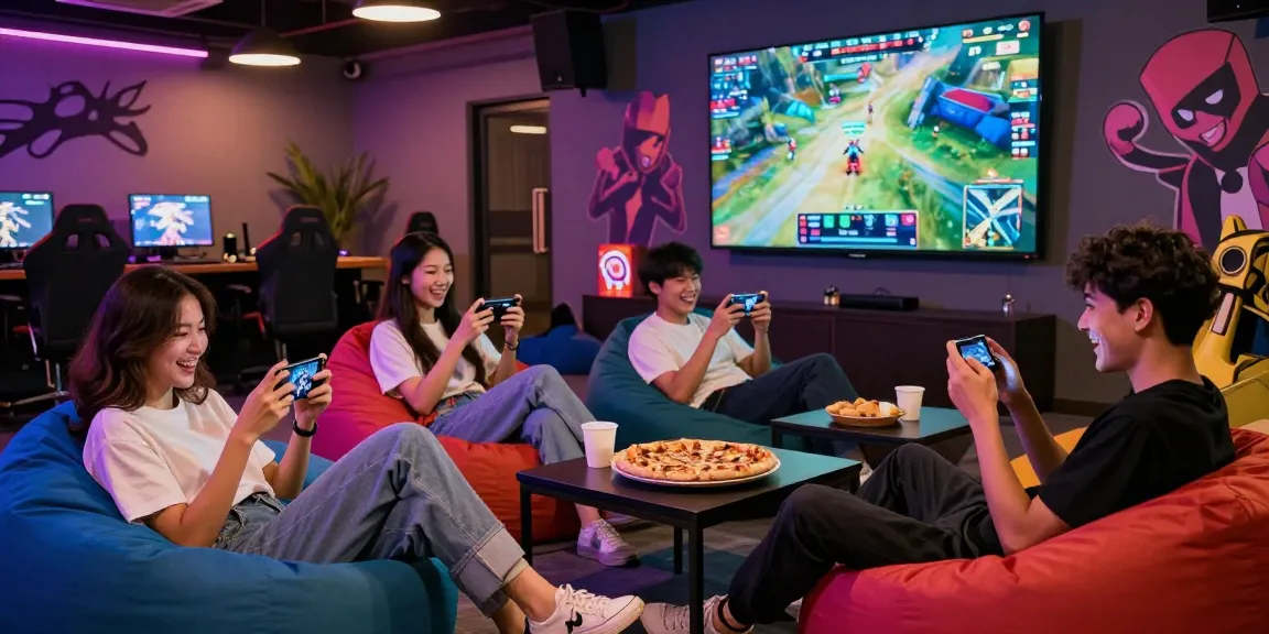 Exciting gaming scene at 663bet.com.pk with young adults enjoying mobile games in a vibrant lounge.