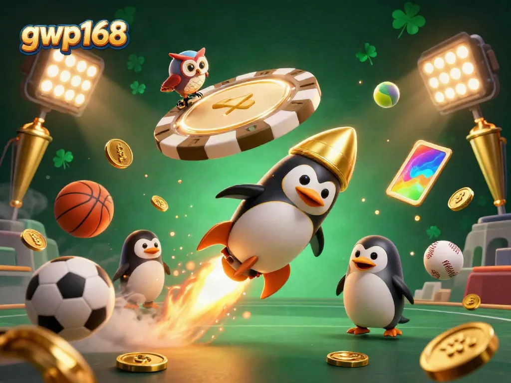 GWP168 menghadirkan pengalaman bermain kasino dengan penguin emas terbang di luar angkasa.