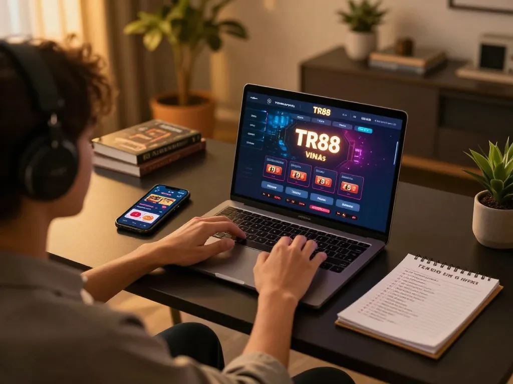 Player engaging with TR88 Vina's online casino platform in a cozy home setup, demonstrating responsible gaming.