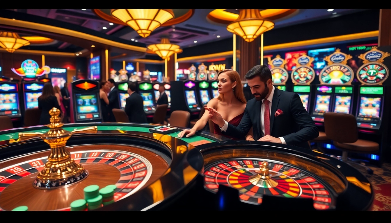 Exciting kinggaruda138 casino scene with poker chips, a roulette wheel, and dynamic gaming atmosphere.