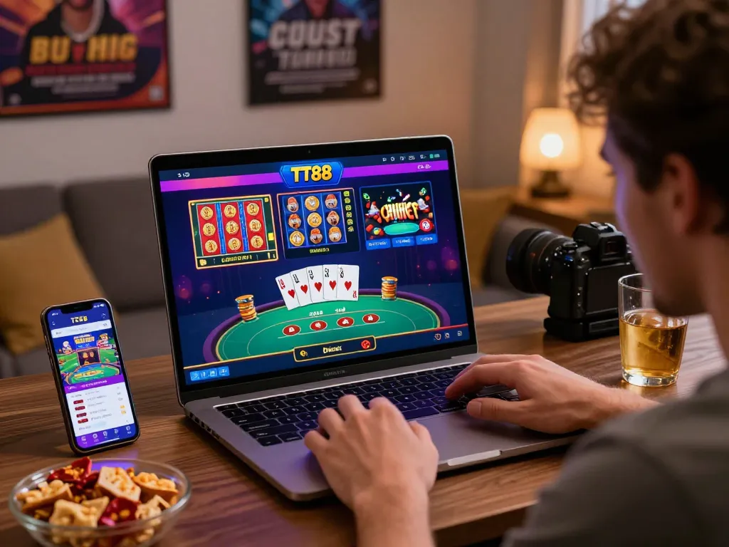 Immersive experience of online betting at TT88, showcasing player engagement with vibrant casino games.