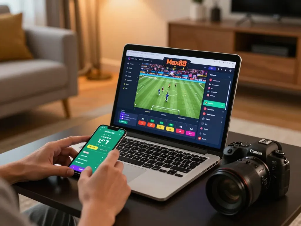 Engaging in sports betting on Max88’s intuitive platform from the comfort of home.