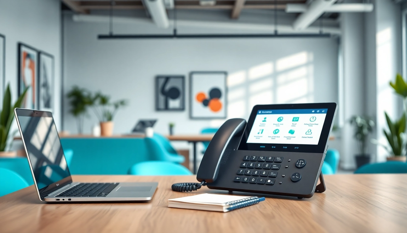 Utilizing a cloud based phone system in a modern office setting with sleek technology.