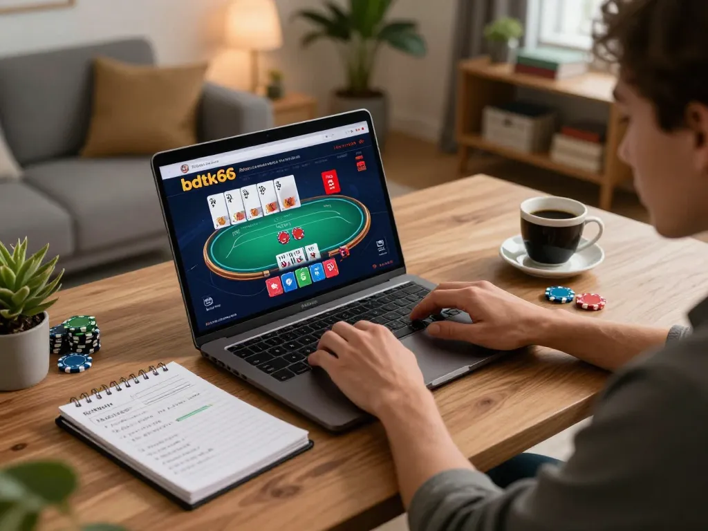 Engaged player utilizing bdtk66 online platform for strategic poker gaming at home.