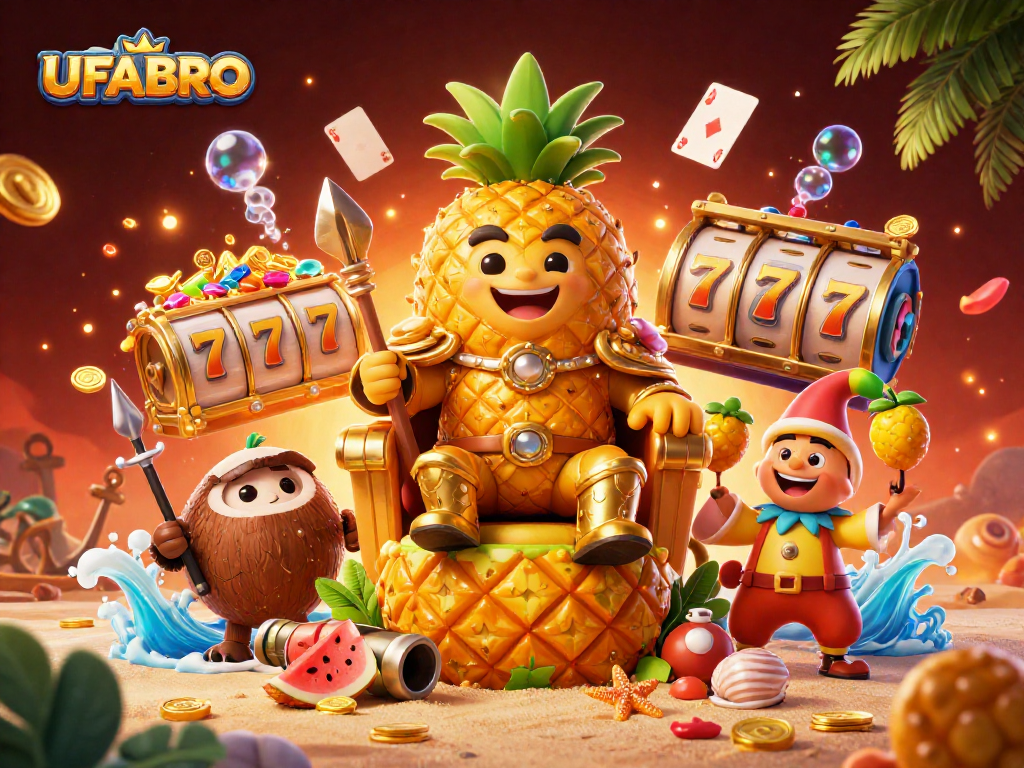 Experience UFABRO's dynamic casino world with golden characters and slot games.