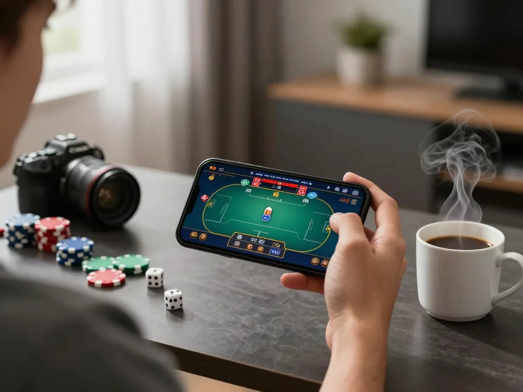 Player engaging with high-stakes poker on f8beta2 mobile app amidst a stylish home setup.