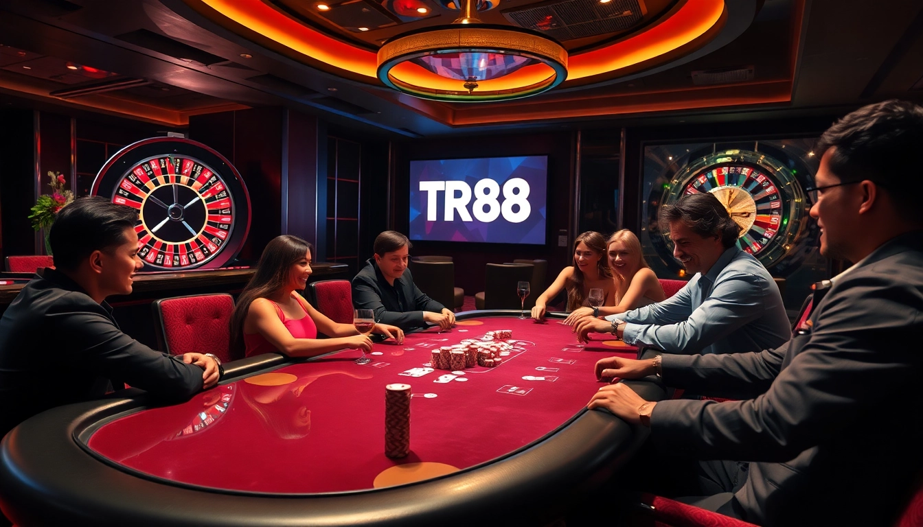 Players strategizing at a poker table in an upscale casino setting featuring TR88 branding.