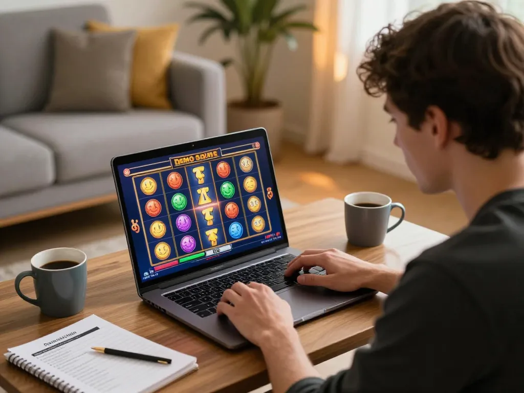 Pemain menikmati Demo Slot di laptop, menampilkan grafik yang hidup dan suasana judi yang bertanggung jawab