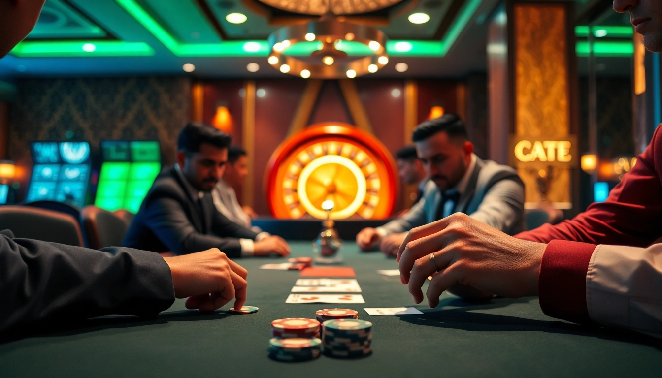 Exciting game bài đổi thưởng action at a luxury casino poker table with colorful chips.
