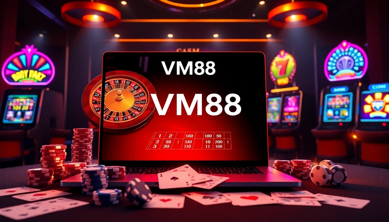 Engaging VM88 online casino interface showcasing vibrant roulette, poker chips, and slot machine action