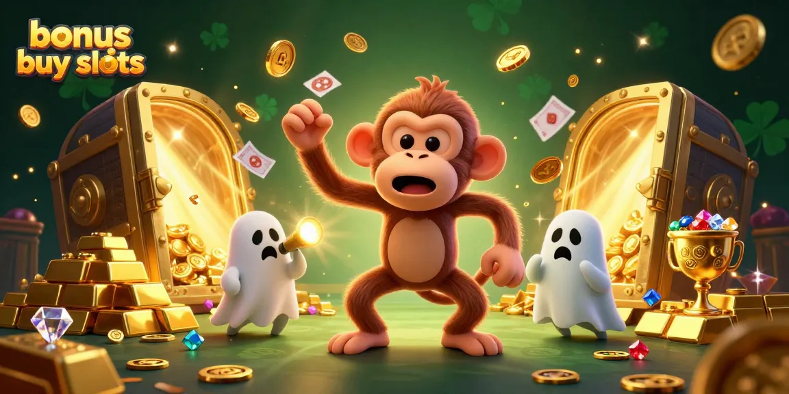 Experience thrilling bonus buy slots surrounded by gold coins and cheerful characters in a lively casino atmosphere.
