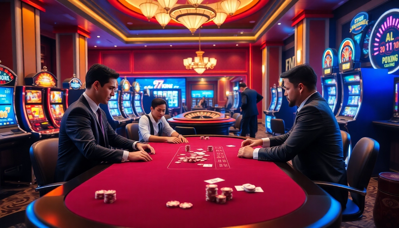 Experience the excitement of 79king with players at a luxurious poker table surrounded by vibrant casino elements.