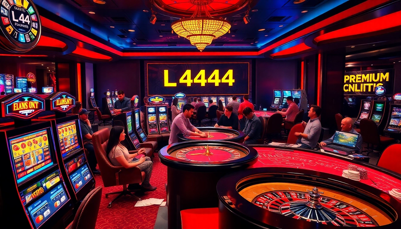 L444 players enjoying thrilling casino games with vibrant slot machines and professional poker tables.