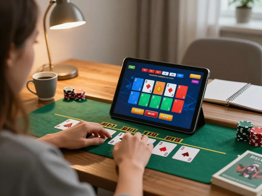 Player engaging with fabet live blackjack on tablet in cozy home office setting.