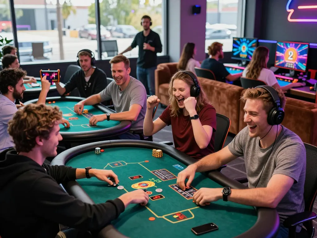 Engaged players at XX88 enjoying live dealer games together with vibrant background.