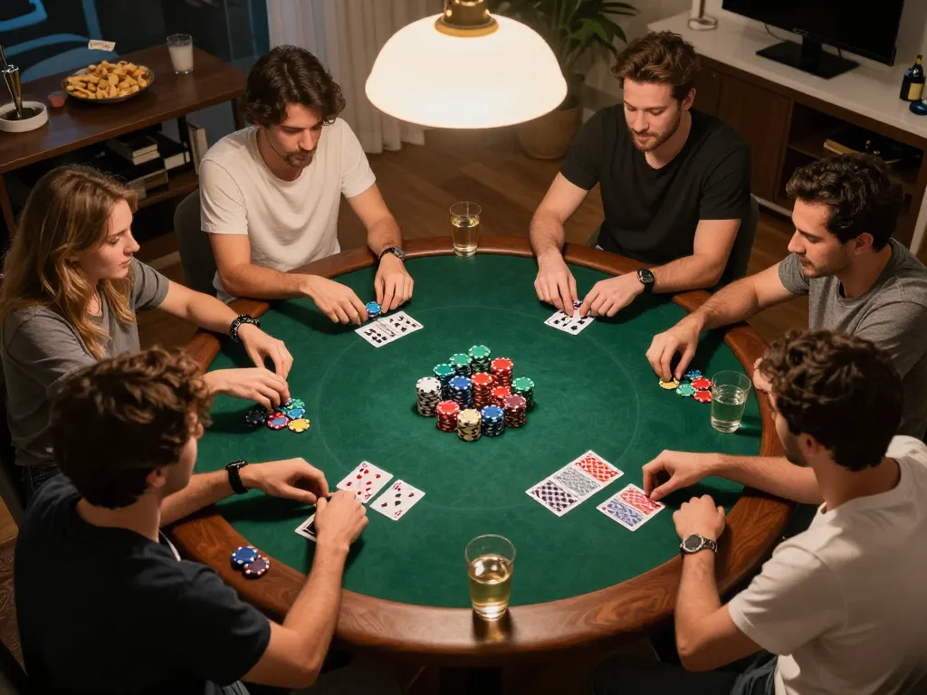 Engaging game bài scene with friends playing poker around a round table, showcasing strategy and camaraderie.