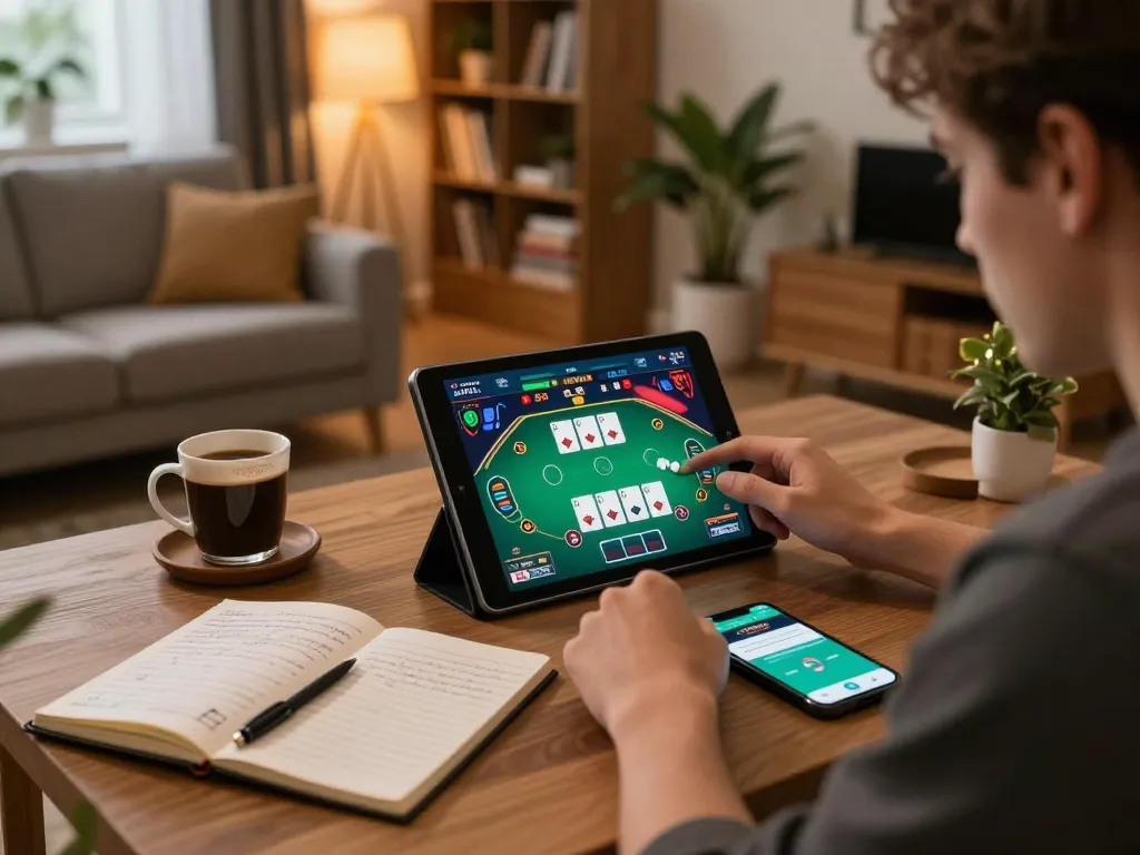 Player enjoys online gambling at home using the JUN88 tablet app in a cozy setup.