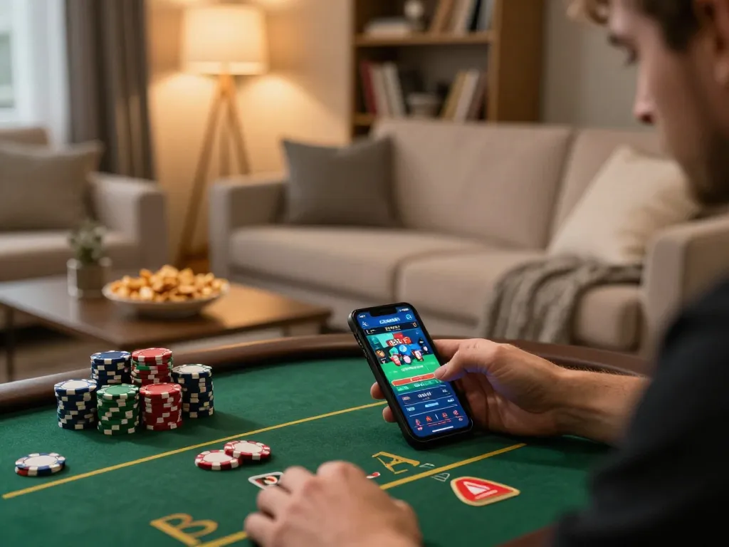 Engaging online gaming scene with shbet app on smartphone, showcasing a cozy home setup.