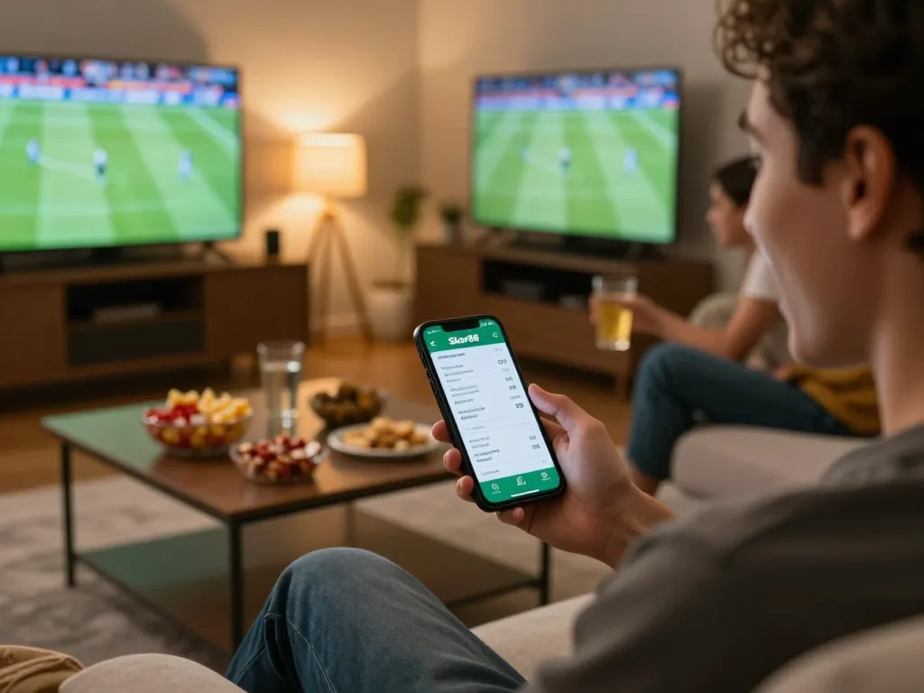 Engaging sports betting experience with Parlay Skor88 app on smartphone in cozy living room setting