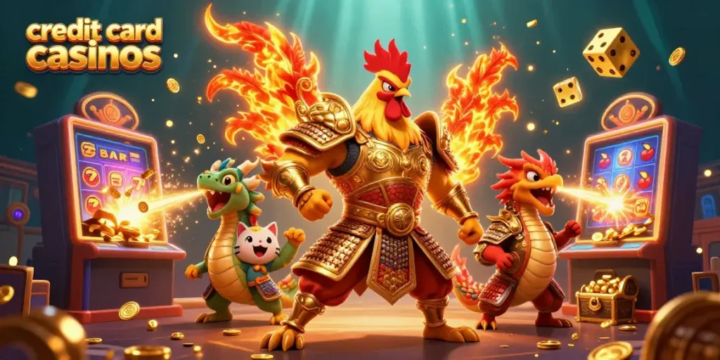 Experience thrilling action at credit card casinos with colorful 3D characters and gaming elements.