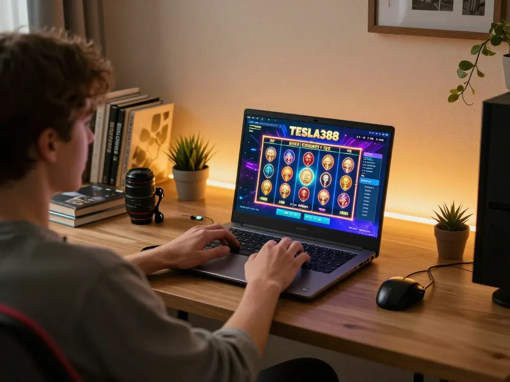 Engaging slot gameplay on TESLA388 in a cozy home setup with vibrant visuals.