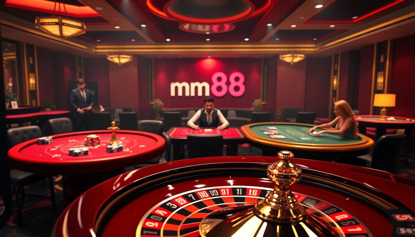 Experience immersive mm88 Gambling Action with poker chips and betting tables in a luxurious casino setting.