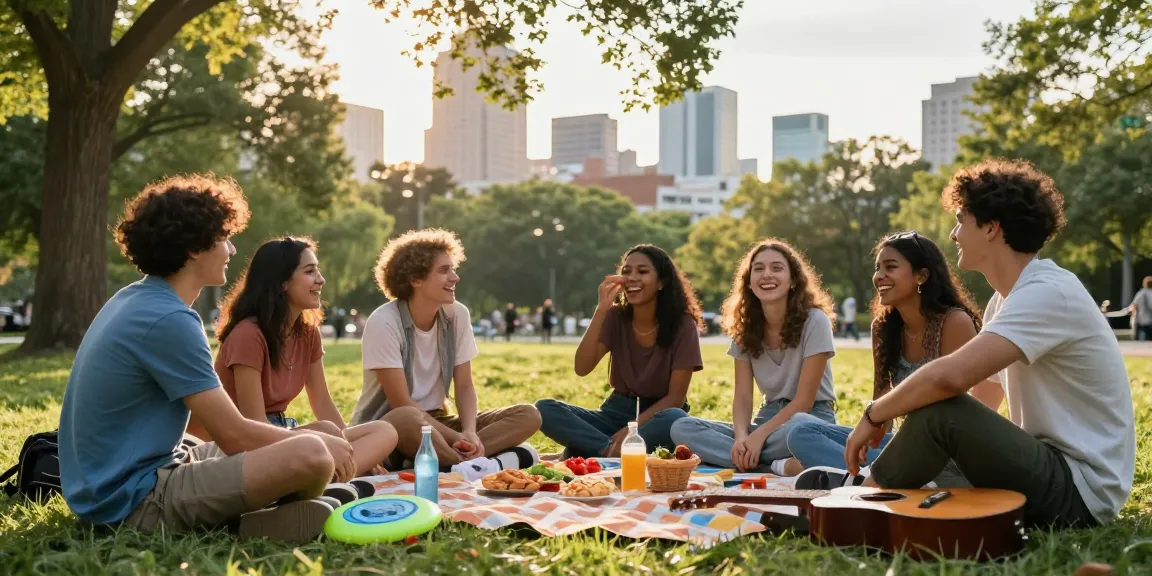 Friends enjoying a sunny day in the park, discussing who they have a crush on, joyful atmosphere.