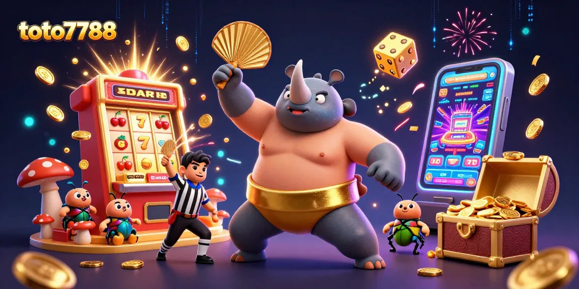 Toto7788 showcases a vibrant casino scene with a beetle champion and jackpot excitement.