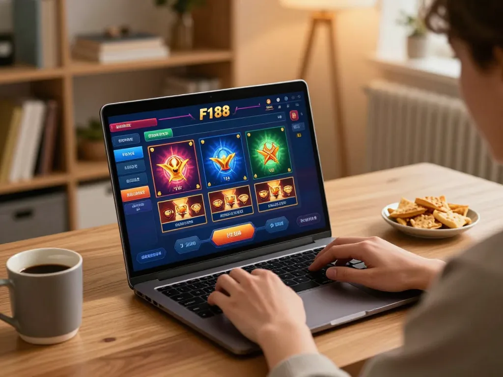 F168 player engaging with vibrant online casino gaming interface in a cozy home setup.
