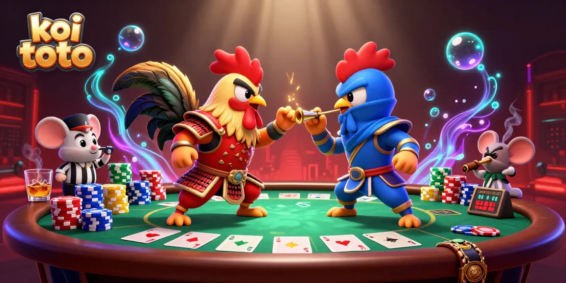 Engage in thrilling gameplay with koi toto as fighting roosters face off in a vibrant poker showdown.