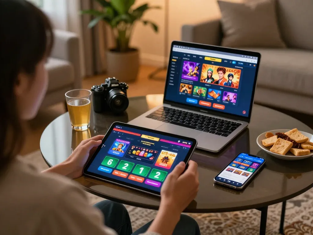 Suasana permainan Ombak88 di rumah dengan antarmuka kasino online yang menarik dan dekorasi yang nyaman.